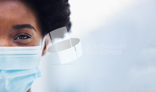 Image of Black woman in face mask, healthcare and covid with portrait, mockup space and medical compliance for safety. Health insurance, virus and ppe, cropped and pandemic with professional in medicine