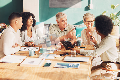 Image of Business people, meeting and planning with comic laughing with diversity, teamwork or brainstorming. Startup, team building and funny group with strategy, solidarity or vision for man, women and goal