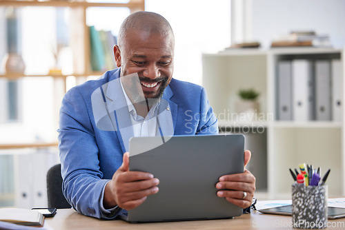 Image of Happy, senior and businessman hands on laptop in office for celebration, good news or email. Smile, excited and mature ceo reading reviews, results or proposal for startup, company or loan approval