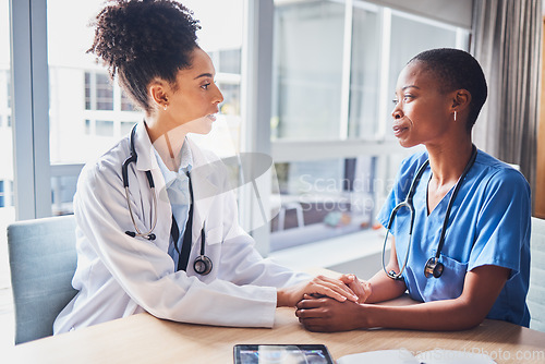 Image of Doctors, mental health and mentor support intern, depression and in hospital with stress. Female employees, women and medical professionals with burnout, overworked and depressed in clinic and sad