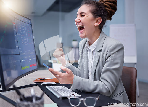 Image of Celebration, trading and business woman celebrating successful stock market and good news in cryptocurrency. Data, success and winner employee working on growth for investment finance on a computer