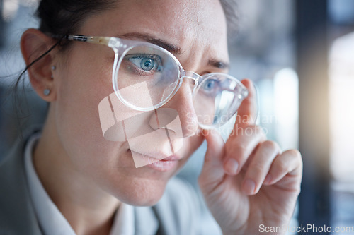 Image of Business woman confused, vision and glasses, face and focus, prescription lens fail and problem. Optometry, health for eyes and adjust spectacles, eye care and reading, thinking and serious female