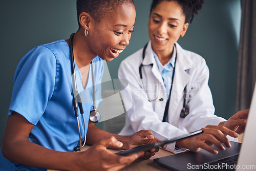 Image of Tablet, black people or doctors planning surgery and in conversation about medical news or tests results in hospital. Teamwork, laptop or African nurses speaking of healthcare report or web research