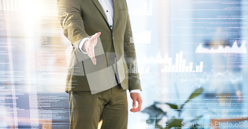 Image of Handshake, overlay and finance with a business man meeting in the metaverse for future innovation. Partnership, accounting and data with a male employee shaking hands on a virtual hologram dashboard