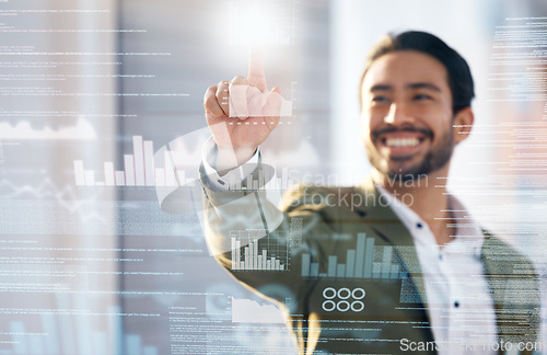 Image of Overlay, futuristic technology or businessman with data analytics for finance, fintech and digital analysis. Chart, holographic or happy worker with financial insights on 3d screen, board or wall