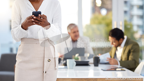 Image of Phone, typing and business woman in meeting networking, corporate planning and cellphone communication. Person hand holding smartphone for office schedule, workflow and time management on mobile app