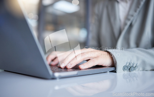 Image of Professional woman hands typing on laptop online planning, research and digital management or strategy. Closeup of young person copywriting or working on notebook computer software, app or internet