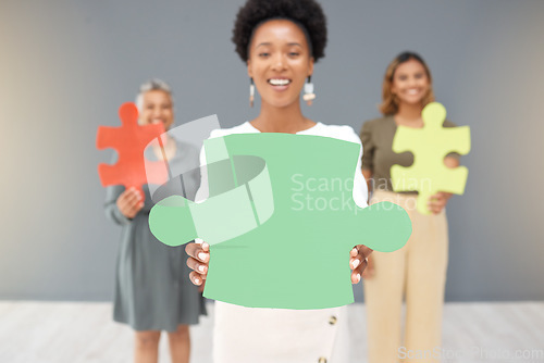 Image of Portrait, staff and black woman with puzzle, team building and planning for project in workplace. Face, African American female manager and team with ideas, brainstorming or collaboration with mockup