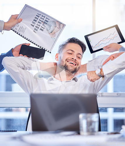 Image of Business man, time and relax in office after finishing tasks, projects and work in company office. Corporate success, break and happy male employee resting after goals, targets and deadlines complete