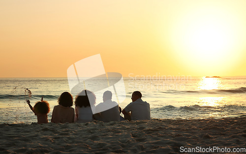 Image of Big family, sunset view and back at beach, having fun and bonding on vacation outdoors mockup. Care, love and children, grandmother and grandfather with parents sitting and enjoying holiday time.