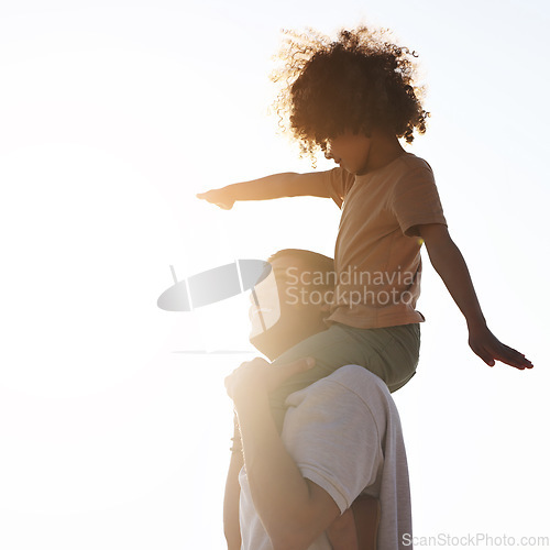 Image of Father, child and piggyback with smile on mockup for summer vacation, holiday or family bonding time outdoors. Happy dad holding son on back walking and enjoying playful freedom together in the sun