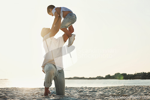 Image of Playing, bonding and father with a child at the beach for quality time, holiday and caring in Brazil. Family, love and dad holding his son for play, activity and together at the ocean for happiness