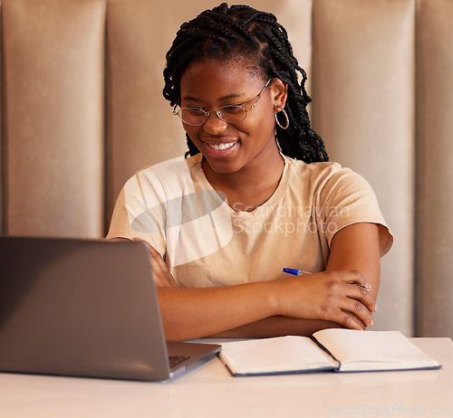 Image of Laptop, studying black woman or student reading college email, university application or remote online education. Planning, e learning and gen z person on computer at restaurant for internet research