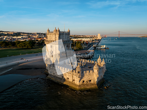 Image of Belem Tower on the bank of the Tagus River at sunset. Lisbon, Portugal