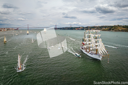 Image of Tall ships sailing in Tagus river. Lisbon, Portugal