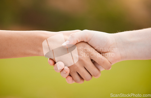 Image of Support, handshake and teamwork, sports or collaboration for team building, solidarity or unity. People shaking hands, workout partnership or welcome, thank you or greeting for exercise goal outdoors