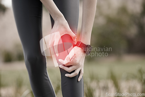 Image of Knee pain, hands and injury in nature after accident, running or workout outdoors. Sports, health and woman athlete with fibromyalgia, inflammation or tendinitis, arthritis or painful legs at park.