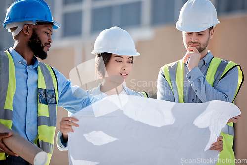 Image of Blueprint, teamwork and engineering with people on construction site for planning, building and architecture. Meeting, floor plan and project management with group of engineer for idea and graphic