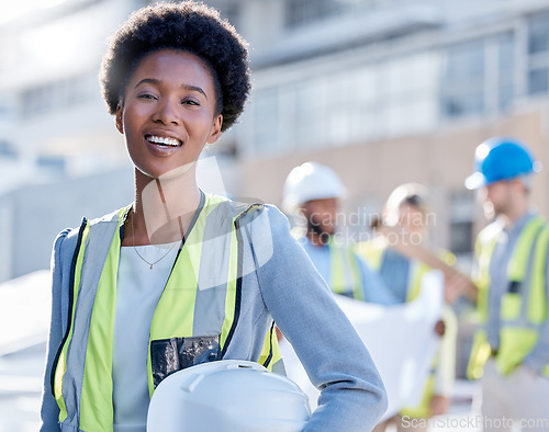 Image of Construction worker portrait of black woman in architecture for career mindset, leadership and development. Happy safety of engineering person, contractor or project manager for planning or building