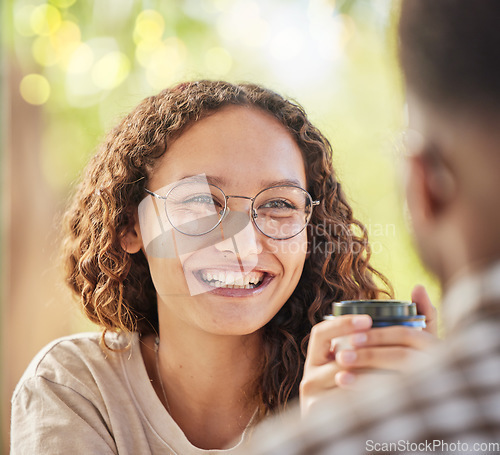 Image of Face, smile or date and a black woman drinking coffee in the park with her boyfriend during summer. Happy, love and dating with a young female smiling at her partner for romance or affection