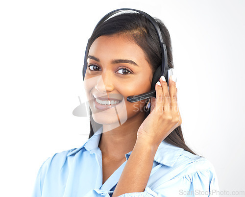 Image of Callcenter, customer service and portrait of Indian woman worker in a isolated studio. Marketing help, networking and web support consulting of a contact us employee with smile from call center crm