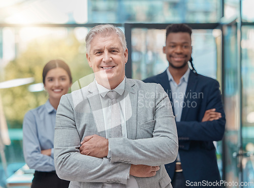 Image of Leadership, team and portrait of business people with arms crossed, pride and unity at a company. Expert, solidarity and manager with employees, confidence and support at a corporate agency