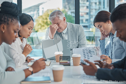 Image of Business meeting, manager headache and people in stress, tired or focus problem thinking of documents review. Burnout, fatigue and senior boss or man in pain, crisis or anxiety in workshop or seminar