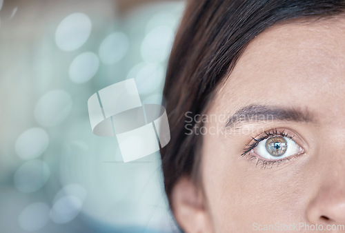 Image of Eye, scan and mockup with a woman using cybersecurity or facial recognition software for safety. Future, ai and retina scanner with a female using technology to access the metaverse or virtual world