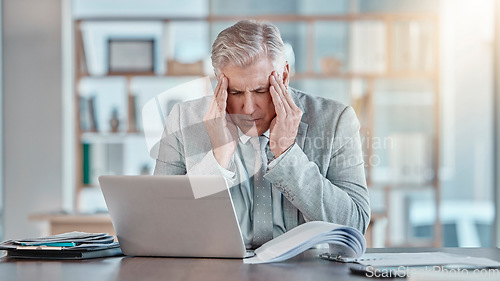 Image of Stress, burnout and senior businessman with a headache, business problem and crisis on a laptop. Mental health, tired and mature employee with a migraine, bad news and pain from a work deadline