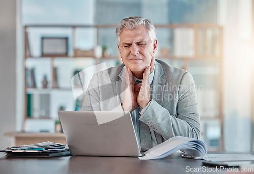 Image of Stress, health and sick businessman with throat pain, discomfort and inflammation. Burnout, covid and senior employee with a virus, flu problem and cold while working with swollen tonsils at work