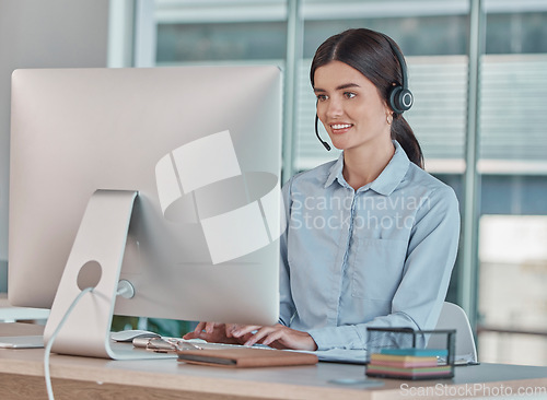 Image of Call center, consultation and woman with a computer for support online, telemarketing and advice. Contact us, communication and customer service agent in web assistant, operation and helpline