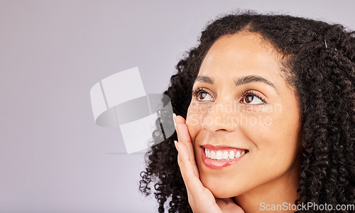 Image of Black woman, salon beauty and mockup from skin glow and dermatology in a studio. Face, happiness and cosmetics of a young model with afro feeling happy from spa, facial and wellness treatment