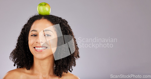 Image of Apple, green fruit and portrait of a black woman holding wellness food for detox and weight loss. Skincare, beauty and young model in a isolated studio for nutrition and vitamin diet with mockup