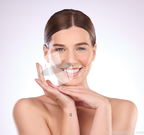 Image of Portrait, smile and woman in studio for makeup, beauty and skincare treatment on gradient background. Face, happy and wellness for girl model with luxury cosmetic, dermatology and skin satisfaction