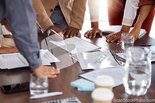 Image of Hands, documents and contract with a business team signing paperwork in the office during a meeting. Accounting, collaboration or finance with a manager and employee group reading a checklist