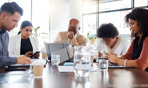 Image of Stress, failure and tired business people in meeting, working on phone and laptop with error or mistake in office. Deadline, workload and frustrated corporate team burnout at audit, exhausted and 404