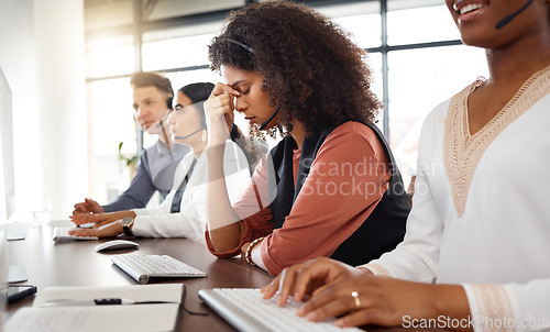 Image of Call center stress, black woman headache and telemarketing team glitch with crm problem. Customer service, web support and burnout of a consulting employee working online on a help desk job app