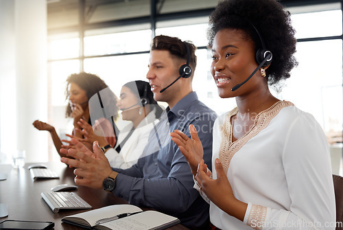 Image of Business people, call center and consulting on computer in telemarketing, customer service or support at office. Group of marketing team, consultant or agent talking in contact us for online advice