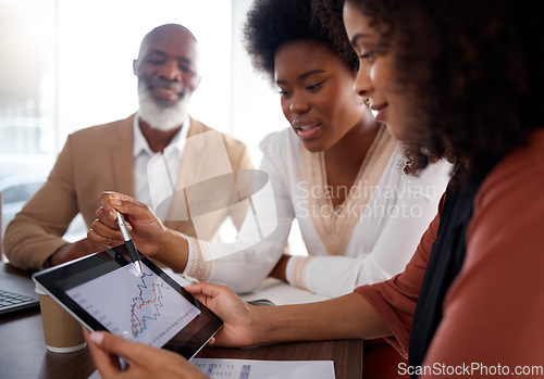 Image of Tablet data, teamwork black people and analyst professional, stock market research and analytics planning. Company profit, business sales and revenue of happy employees with digital graphs and review