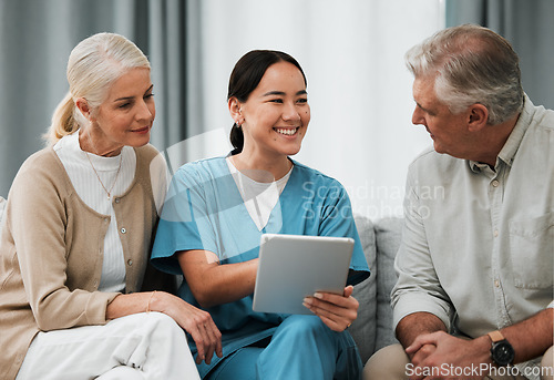 Image of Asian nurse, senior man and woman with tablet for consulting, healthcare or report for medical help. Japanese doctor, couple or digital touchscreen ux in consultation room, happy or smile for results