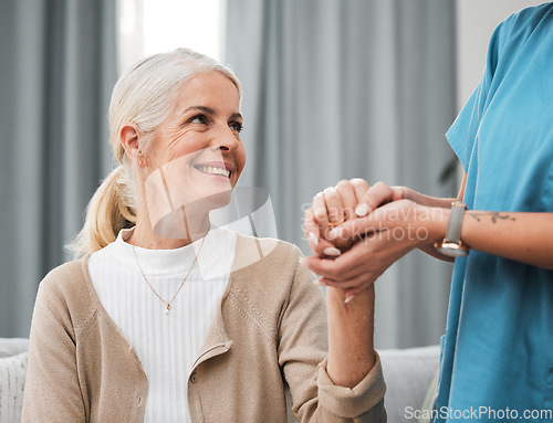 Image of News, happy old woman or nurse holding hands in hospital consulting for medical test results for support. Empathy, hope or trusted doctor in healthcare clinic nursing or helping sick elderly patient