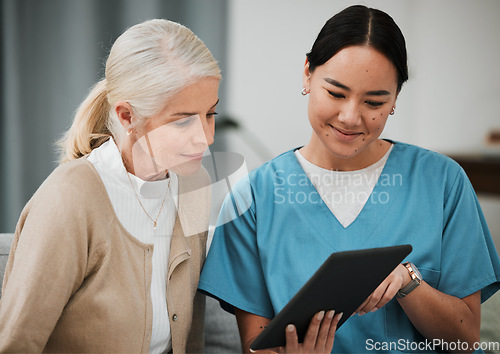 Image of Tablet, news or nurse with old woman consulting after surgery or medical test results for support. Meeting, healthcare clinic or doctor reading or helping a sick elderly patient with an online report