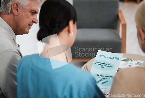 Image of Senior couple, doctor and nurse document pamphlet for hospital and health paperwork. Woman, retirement conversation and nursing home advertisement in a wellness clinic with healthcare data