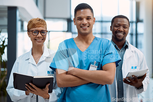 Image of Proud portrait, team of doctors working in hospital research, planning and management for healthcare service. Leadership, mindset and diversity medical professional or black people in clinic career