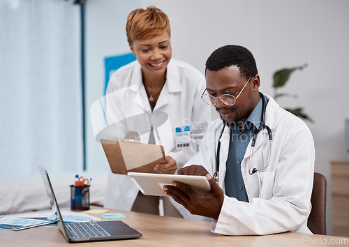 Image of Teamwork, tablet and doctors in research training, hospital data and healthcare app management. Telehealth, digital technology and analysis of medical professional or black people working in office