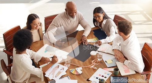 Image of Creative business people, meeting and planning above in fashion design, brainstorming or strategy at office. Group of clothing designers in teamwork, project plan or color palette ideas for startup