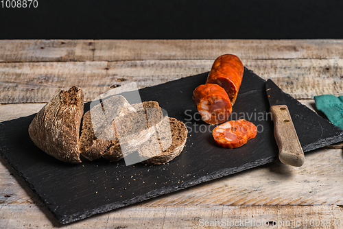 Image of Malt loaf bread and chorizo slices