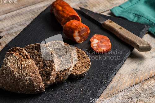 Image of Malt loaf bread and chorizo slices