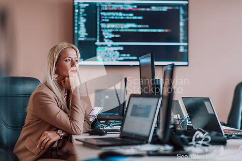 Image of A businesswoman sitting in a programmer's office surrounded by computers, showing her expertise and dedication to technology.