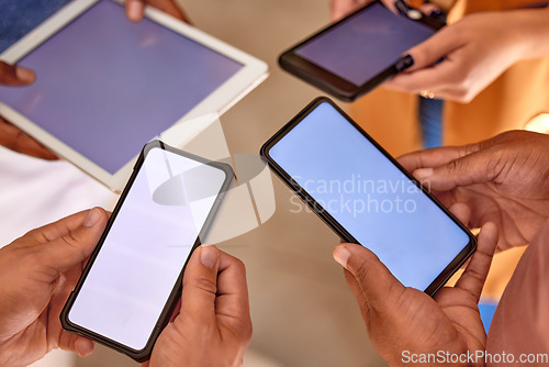 Image of Group of people with phone screen or mockup space for digital planning, mobile app and multimedia networking. Hands with cellphone, tablet and technology for smartphone collaboration and data sharing